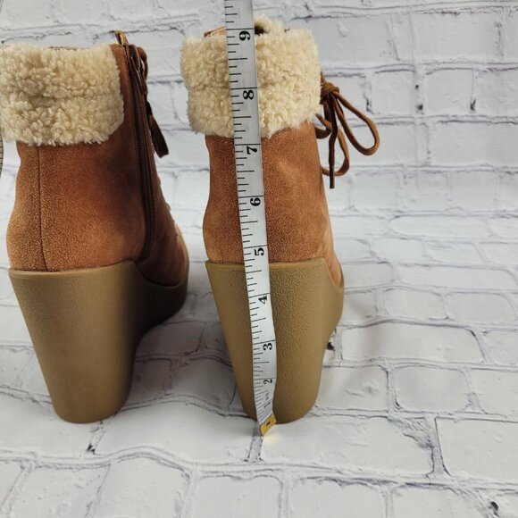 NEW Jessica Simpson Maelyn Wedge Bootie Brown Caramel Combo Leather Suede Sherpa - Picture 7 of 11